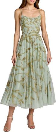 Mac Duggal Spaghetti Strap Floral Hand Beaded Midi Dress in Seafoam Gold at Nordstrom, Size 10