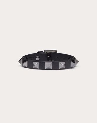 Valentino Garavani Bracciale Rockstud In Pelle E Borchie Finitura Palladio Uomo NERO UNI