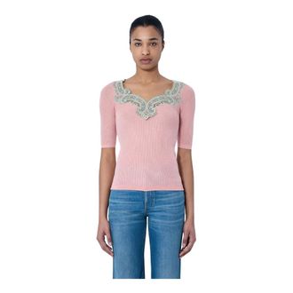 Chlo&eacute; V-neck Knitwear, female, Pink, Size: L Embroidered Neckline Knit Top