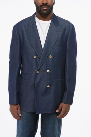 Brunello Cucinelli Blazer Doppiopetto in Misto Lino con Rever a Lancia Brunello Cucinelli