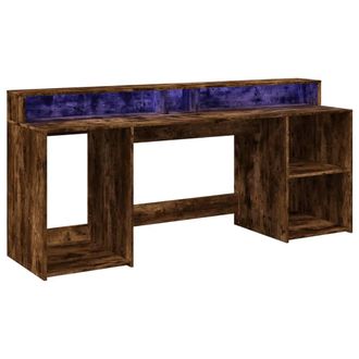 Berkfield Home Soft Desk with LED Lights Smoked Oak 200x55x91 cm Engineered Wood in Brown | Size: 200 x 55 x 91 cm
