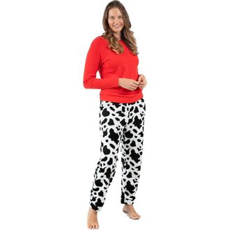 Leveret Womens Cotton Top & Fleece Pants Printed Matching Family Holiday Pajama Set in Cow at Nordstrom, Size X-Small