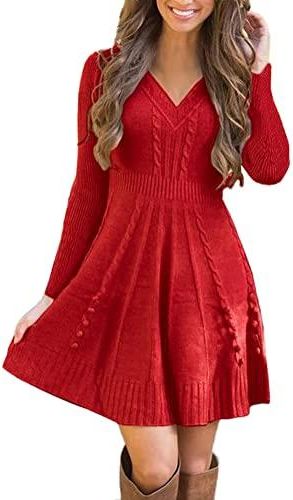 ORANDESIGNE Robe Pull Femme Longue en Maille Pull Femme a Col Rond Longue Tricot Robe de Soiree Hiver Robe Pull Chic Robe Femme Grande Taille B Rouge Clair L des 28 53