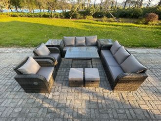 Fimous 10 Seater Rattan Outdoor Garden Furniture Sofa Set Patio Table & Chairs Set with 3 Seater Sofa Rectangular Dining Table Small Footstool