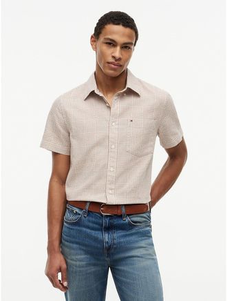 Tommy Hilfiger Mens Regular Fit Glen Plaid Linen-Blend Shirt - Beige - XXL