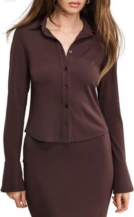 Good American Flare Cuff Jersey Matte Button-Up Shirt in Bark003 at Nordstrom Rack, Size X-Small