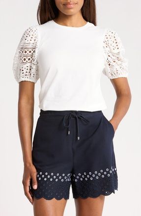 Ellen Tracy Eyelet Puff Sleeve Top in White at Nordstrom Rack, Size X-Large