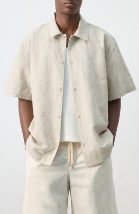 Mango Embroidered Short Sleeve Button-Up Shirt in Sand at Nordstrom, Size Medium
