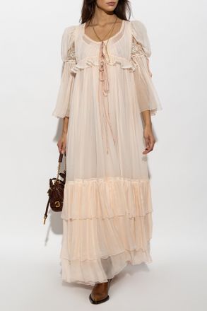 Chlo&eacute; Silk Dress With Lace Inserts, Womens, Pink