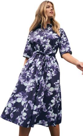 Jessica London Soft Denim Shirtdress in Navy Watercolor Flowers at Nordstrom, Size 26