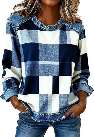 Generic Tartan Tops for Women Denim Shirt Checked Patchwork Crewneck Sweatshirt Ladies Casual Long Sleeve Pullover Shirt(Blue, S)