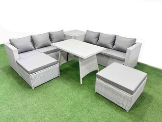 Fimous 8-seater Patio Rectangular Table 3 Seater Sofa Set with Side Table in Light Grey