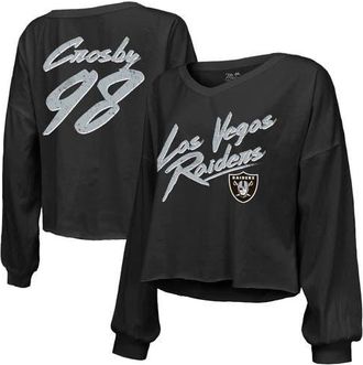 Majestic Threads Womens Majestic Threads Maxx Crosby Black Las Vegas Raiders Off-Shoulder Script Player Name & Number Cropped Long Sleeve V-Neck T-Shirt at