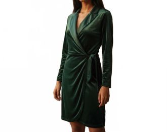 Halston Heritage Wrap Velvet Long Sleeve Midi Dress In Deep Green