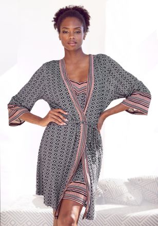 Vivance Kimono VIVANCE DREAMS, Damen, Gr. 32/34, braun (braun gemustert), Single-Jersey, gemustert, Kurzform, Hausm&auml;ntel Kimono, in sch&ouml;nem Ethno-Design