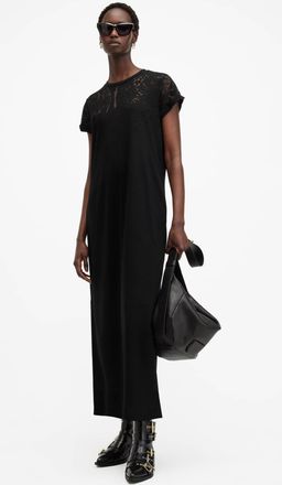 AllSaints Cotton Anna Snake Print Short Sleeve Maxi Dress, Size: UK 16/US 12