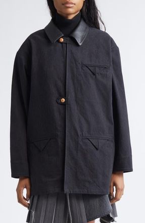 Kuro Leather Collar Denim Coat in Black at Nordstrom, Size Medium