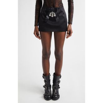 Dolce & Gabbana Crystal Embellished Bow Silk Blend Satin Miniskirt in Nero at Nordstrom, Size 10 Us