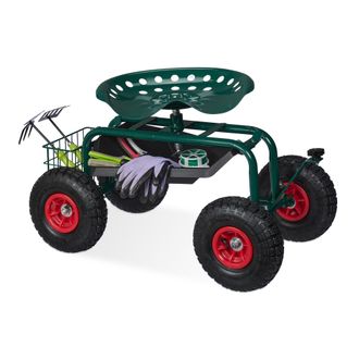Relaxdays Relaxdays Asiento De Jard&iacute;n Con Ruedas Neum&aacute;ticas, Para Jardiner&iacute;a, Altura Regulable, 150 Kg, Almacenaje, Acero, Verde