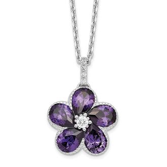 Diamond2Deal Sterling Silver Purple and White Cubic Zirconia Flower Necklace 16 with 2 Inch Ext
