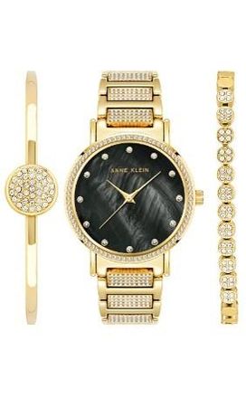 Anne Klein Quartz Gold-tone Ladies Watch and Bracelet Set AK-4004BKST