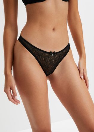 Bonprix String BONPRIX, Damen, Gr. 32/34 (XS), 3 Stk., schwarz, Obermaterial: 90% Polyamid, 10% Elasthan, unifarben, Unterhosen String, aus Spitze, elastisch,