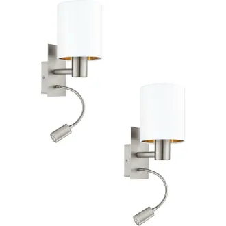 Loops 2 PACK Wall Light Satin Nickel Shade White Copper Fabric E27 LED 1x40W 1x3.5W