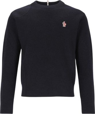 Moncler Wool Crew Neck Sweater - Heren - Ronde hals truien - Blauw - M - Wol - Truien & Vesten