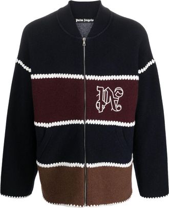 Palm Angels Mens Monogram Striped Knit Jacket Navy Blue - Black - Size Medium