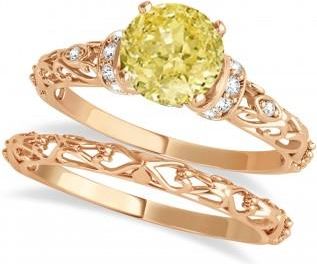 Allurez Yellow Diamond & Diamond Antique Style Bridal Set 14k Rose Gold (0.87ct)