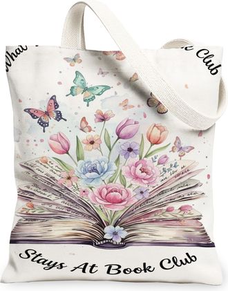 Generic Floral Canvas Tote Bags, Flower Butterfly Pattern Reusable Grocery Bags, Spring Vintage Lightweight Washable Shoulder Strap, White, 13x15 Inch