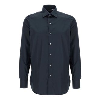 Finamore Overhemden, Heren, Blauw, S, Katoen, Napoli Katoen Poplin Overhemd