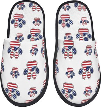Generic Warm Fluffy Slipper American Flag Paw Print House Shoes Portable Home Slippers for Travel Bedroom Ladies M