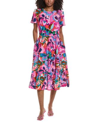 Johnny Was Smocked Tiered Linen-Blend Midi Dress