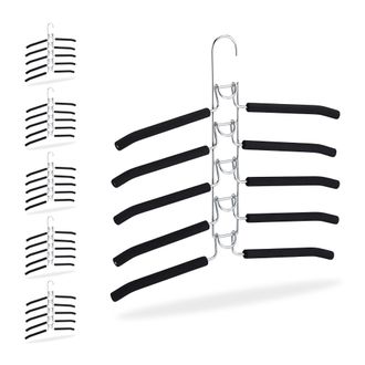 Relaxdays Set 6 Perchas Ahorra Espacio Antideslizantes, Colgador M&uacute;ltiple 5 Prendas, Compacta, 39x40,5x2cm, Plateado Y Negro