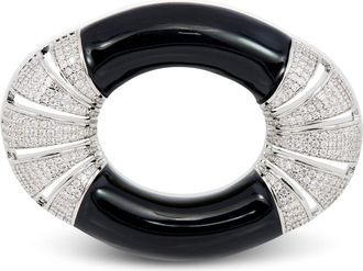 Savvy Cie Jewels RHODIUM PLATED OVER BRASS BLACK ENAMEL WITH WHITE CZ OVAL BROOCH