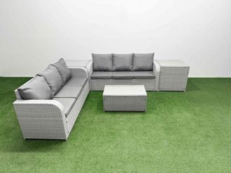 Fimous Outdoor Garden Furniture Sets 6 Seater Wicker Rattan Furniture Sofa Sets w/ Rectangular Coffee Table high Back Lounge Sofa 2 Side Table Light