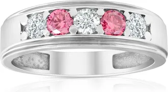Pompeii3 1 Ct T. W. Pink & White Lab Grown Diamond Mens Wedding Ring 5-Stone White Gold