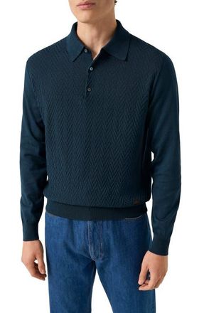 Eton Chevron Structure Long Sleeve Polo in Medium Blue at Nordstrom, Size Large