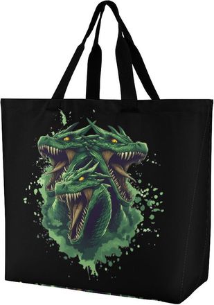 Generic Dragon with Three Heads Large Reusable Shopping Bag Lightweight Foldable Tote Bags Washable Shoulder Handbag