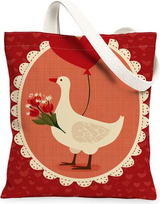 Generic ValentineS Day Goose Canvas Tote Bags, Cute Animal Floral Pattern Reusable Grocery Bags, Lightweight Washable Shoulder Str, Red, 13x15 Inch