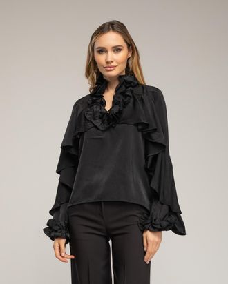 Tantra Blouse met print, ajoursteek op de borst, een kraag met ruches en batist-details