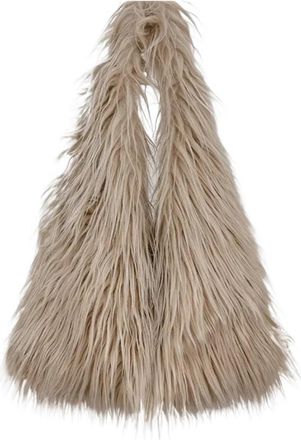 Generic Womens Plush Shoulder Bags Girls Faux Fur Drawstring Bucket Bag Fashion Female Furry Purse Tote Handbags(Khaki)