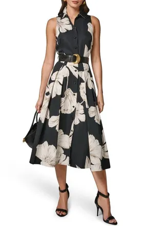 DKNY Floral Sleeveless Stretch Cotton Midi Shirtdress in Black at Nordstrom, Size 12