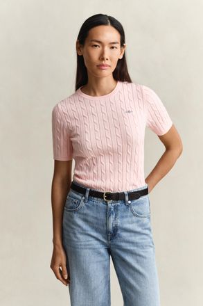 GANT Women Cable Knit Short Sleeve Sweater (XXL) APRICOT PINK