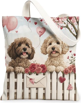 Generic Valentines Day Mouse Rat Canvas Tote Bag for Shopping 13x15, Farm Couple Puppy Reusable Grocery Print Bag for Women, Pet Beach Aesthetic Painting Gift