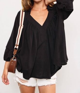 Mustard Seed Penny Puffed Sleeve Shirring Top In Black