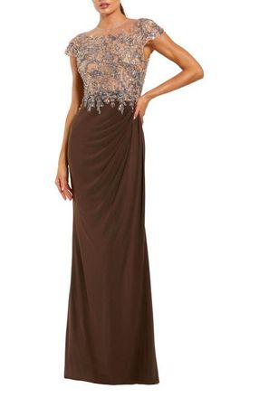 Mac Duggal Womens Crystal-Embellished Jersey Evening Gown with Sheer Bodice in Chocolate at Nordstrom, Size 10
