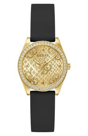 Guess Boa Crystal Bezel Goldtone Silicone Strap Watch, 32mm in Champagne at Nordstrom