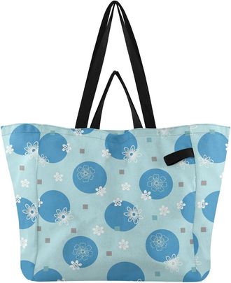 Generic Flowers Blue pattern Reusable Canvas Tote Bag, Heavy Duty Grocery Shopping Bag with Hard Bottom Large Capacity Double Handles Work Groceries Travel